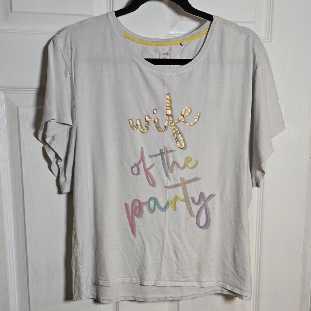 Miss To Mrs & Me to We 2X White T with Colorful Golden Script WIFE OF THE PARTY